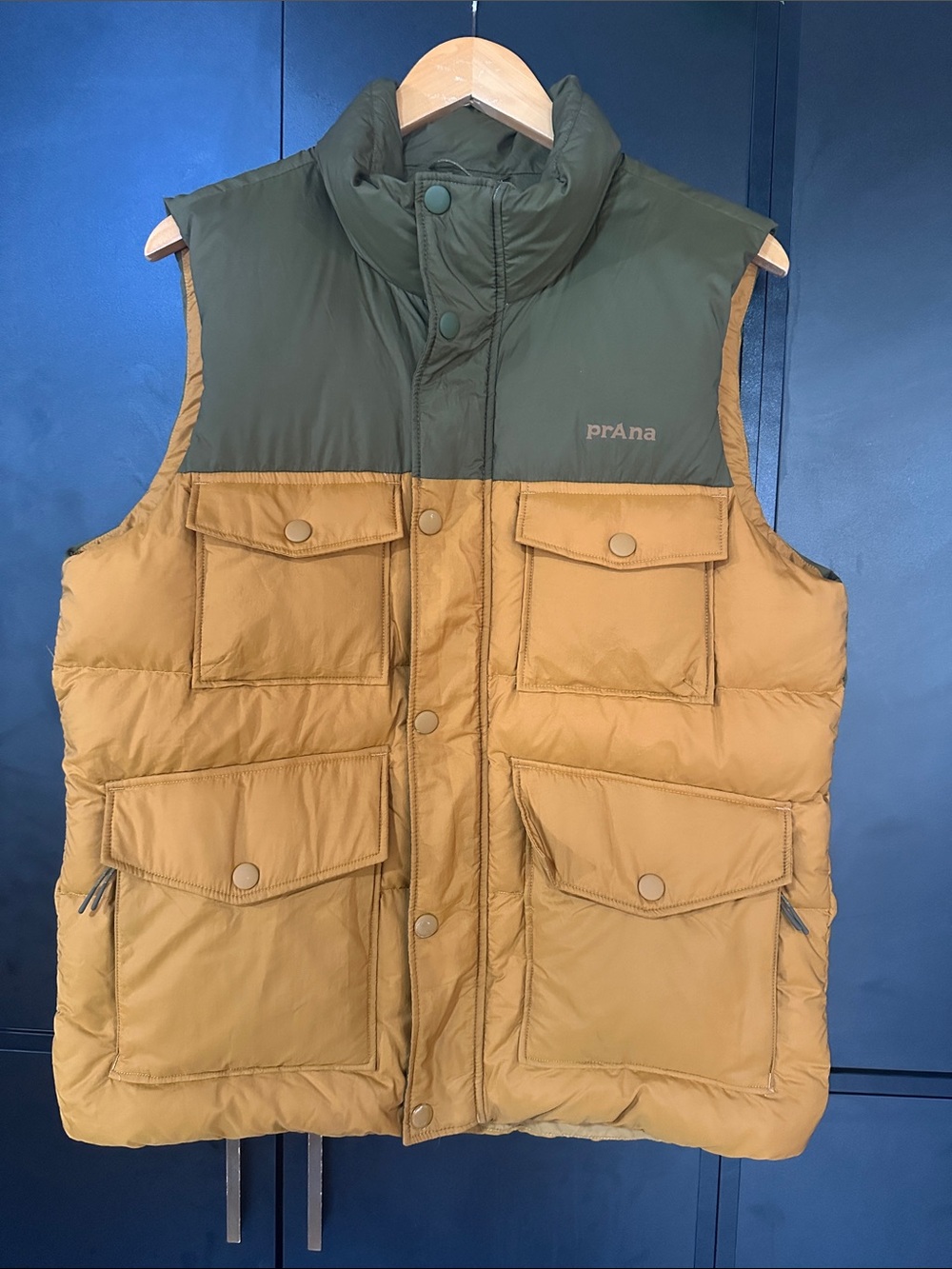 Prana Two-Tone Puffer Vest in Mustard and Olive